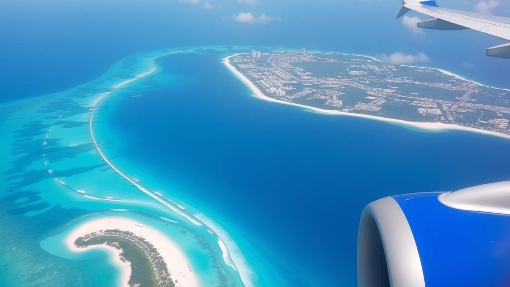Aerial view of turquoise Caribbean waters and white sand beach near Cancun with resort buildings visible, shot from airplane window during approach to Cancun International Airport