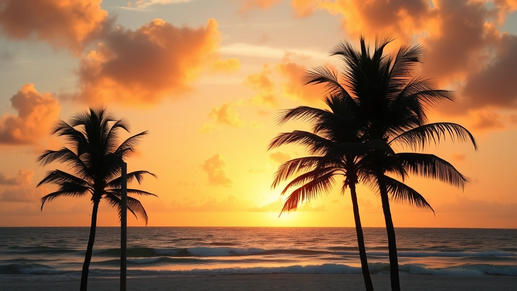 Sunset over Cancun beach with palm trees silhouetted against golden sky, calm ocean waves, vacation atmosphere