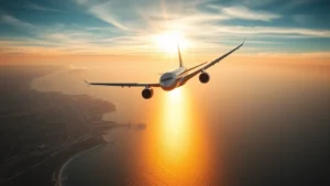Aerial view of a commercial airplane descending toward Boston Logan Airport over the New England coastline with Atlantic Ocean visible below, golden hour lighting, photorealistic