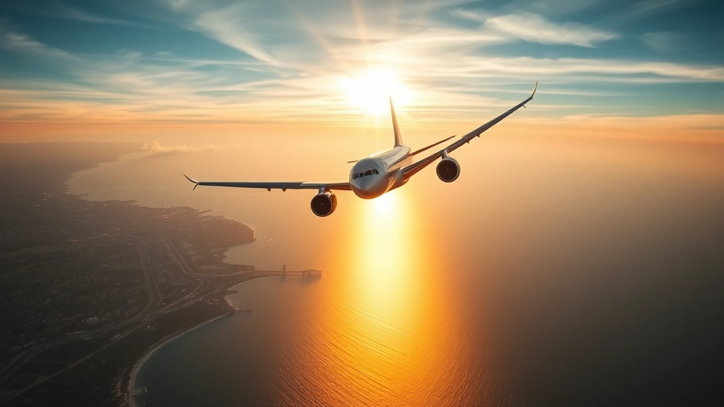 Aerial view of a commercial airplane descending toward Boston Logan Airport over the New England coastline with Atlantic Ocean visible below, golden hour lighting, photorealistic