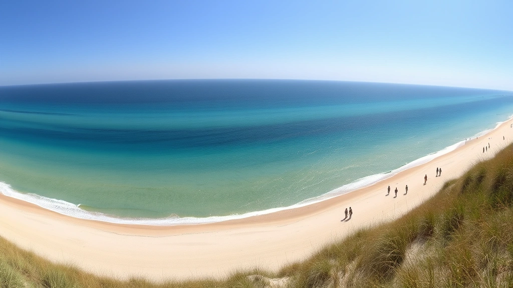 Panoramic seascape of Cape Cod beaches with turquoise water, sandy shores, and beach grass dunes under bright summer sunshine, no people visible, coastal landscape photography style