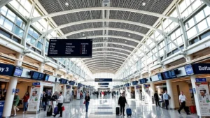 Dallas Fort Worth International Airport terminal concourse with modern architecture, travelers with luggage, departure boards, and natural lighting