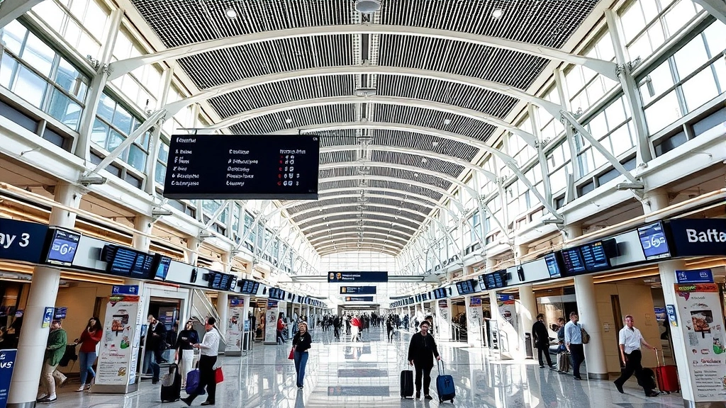 Dallas Fort Worth International Airport terminal concourse with modern architecture, travelers with luggage, departure boards, and natural lighting
