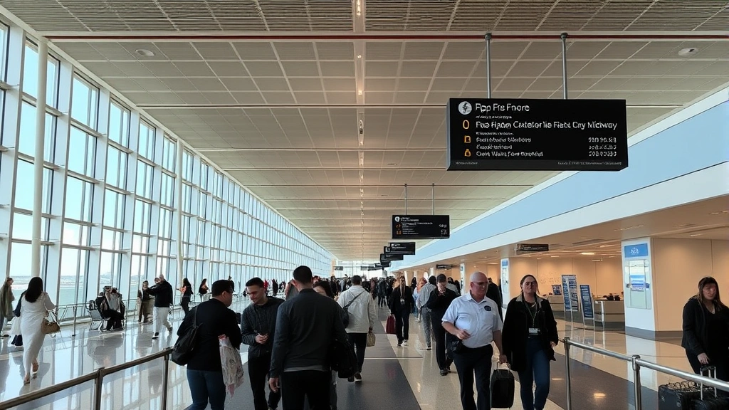Chicago O'Hare or Midway airport interior showing typical gate areas, travelers boarding or walking, airport amenities, professional atmosphere