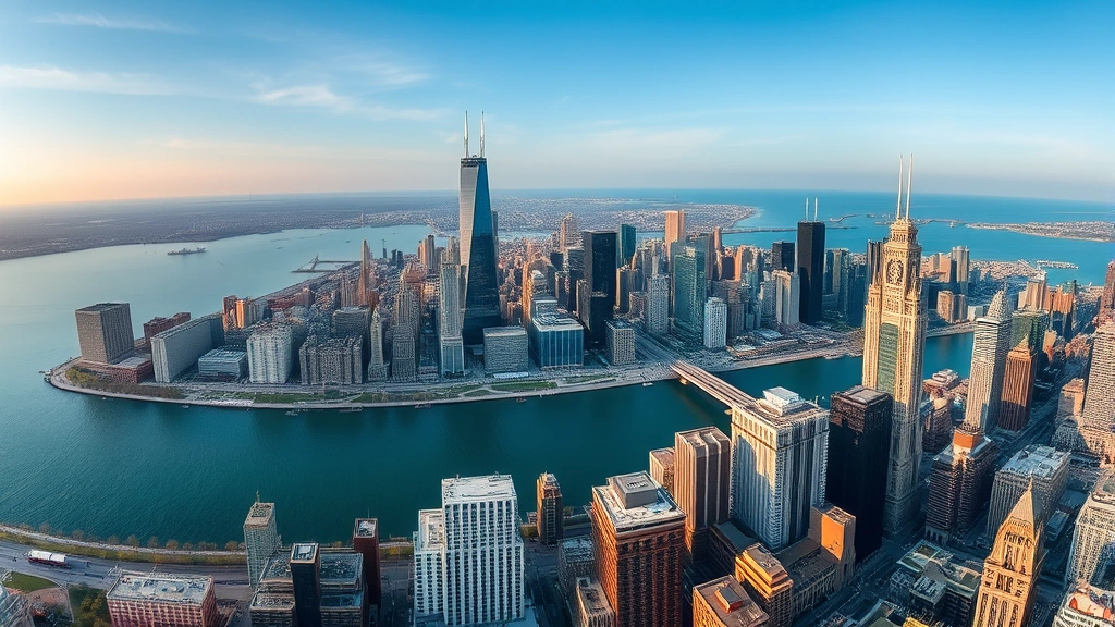Aerial panoramic view of Chicago skyline featuring Willis Tower, Lake Michigan waterfront, architectural landmarks, and urban landscape during daytime