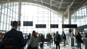 Modern airport terminal interior with travelers checking phones for flight information, natural daylight streaming through large windows, contemporary architecture with clean lines