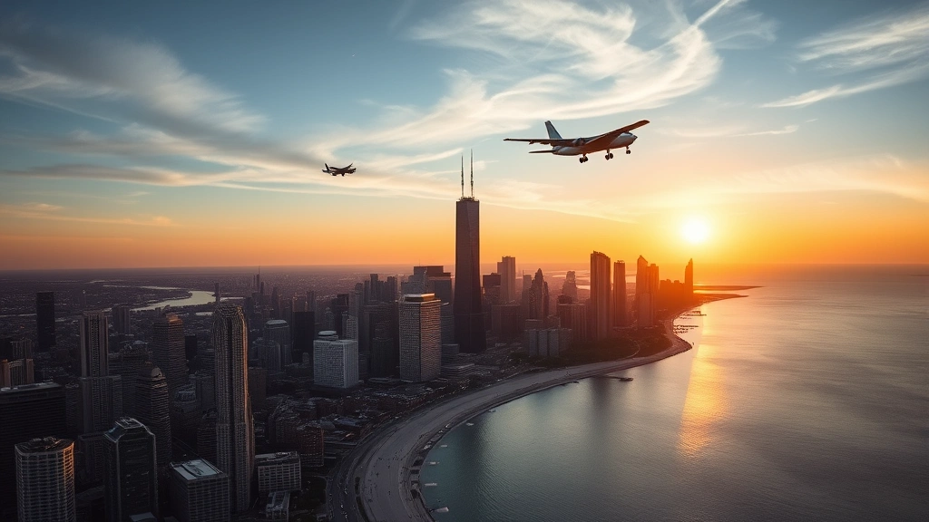 Aerial view of Chicago skyline with Lake Michigan, commercial aircraft approaching O'Hare airport in distance, sunset lighting creating golden hour atmosphere