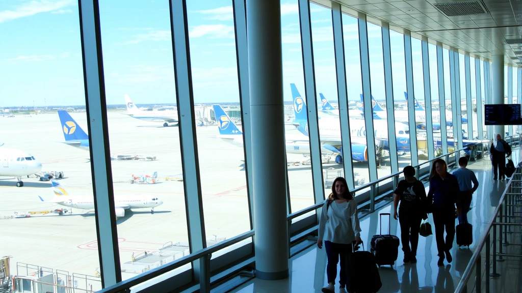 Dallas-Fort Worth airport terminal with multiple aircraft visible through windows, passengers with luggage moving through modern corridor, blue and white airline liveries in background
