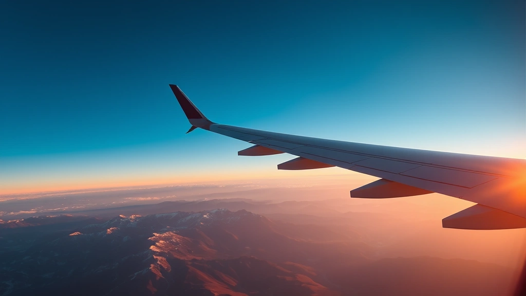 Modern aircraft in flight over Colorado mountains at sunrise, clear blue sky, wing visible in frame, dramatic landscape below, photorealistic high-quality image