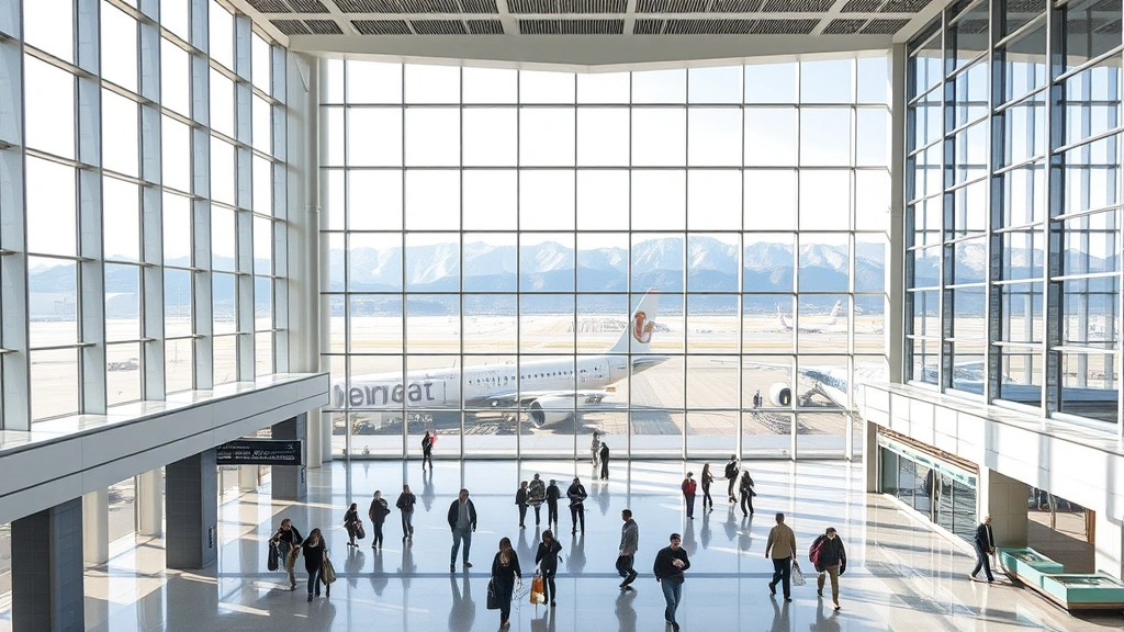 Denver International Airport modern terminal interior, floor-to-ceiling windows showing mountain views, travelers walking through spacious concourse, contemporary architecture, natural lighting