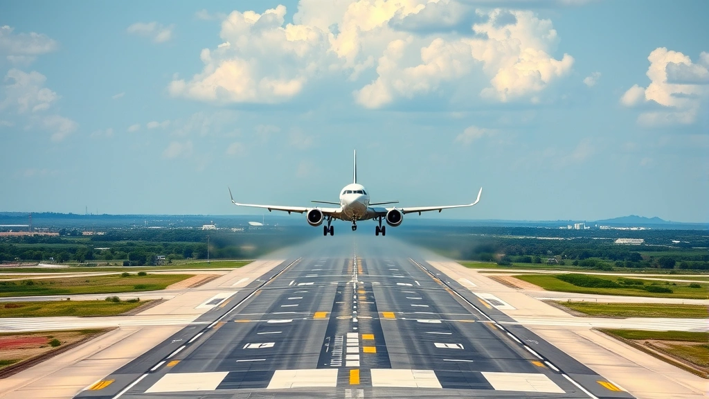 Dallas Fort Worth International Airport runway with aircraft taking off, expansive Texas landscape, clear weather, dynamic aviation scene, professional travel photography