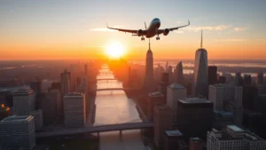 Aerial view of New York City skyline at sunrise with commercial aircraft approaching, showing Manhattan skyscrapers and East River, photorealistic travel photography