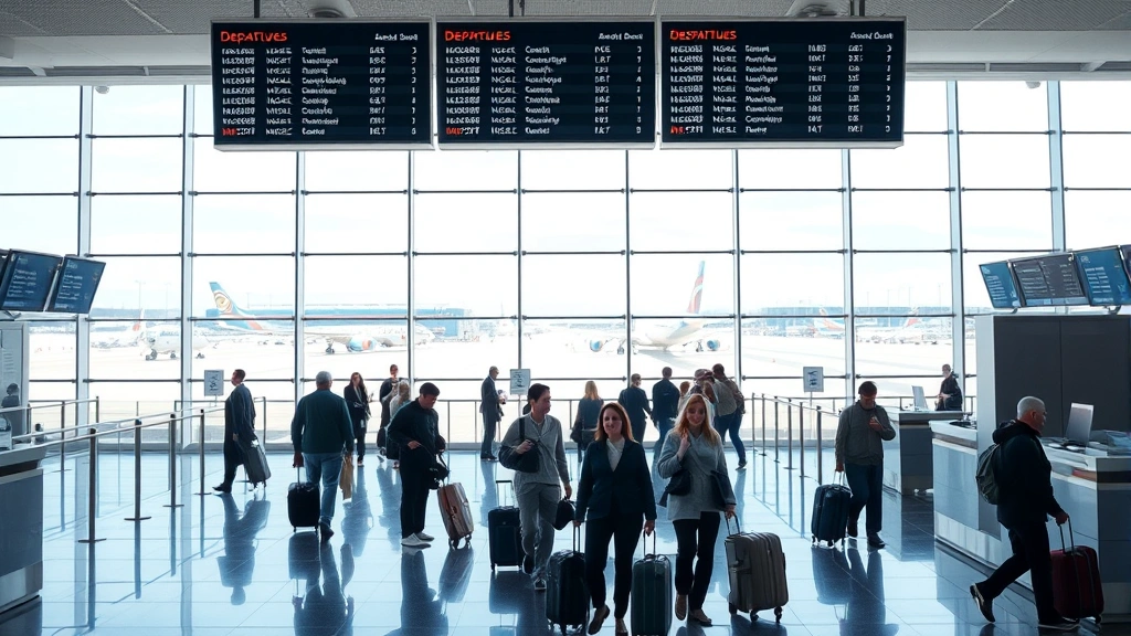 Modern airport terminal interior with departure boards, travelers with luggage, check-in counters, and glass windows showing parked aircraft, busy travel hub atmosphere