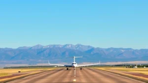 Durango-La Plata County Airport runway with San Juan Mountains in background, clear blue sky, regional aircraft, natural landscape lighting