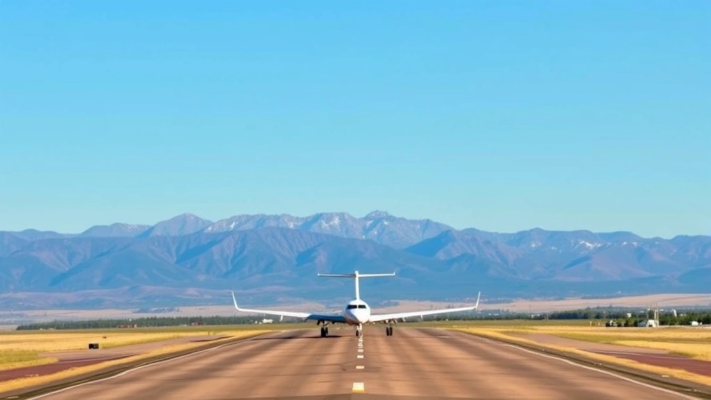 Durango-La Plata County Airport runway with San Juan Mountains in background, clear blue sky, regional aircraft, natural landscape lighting