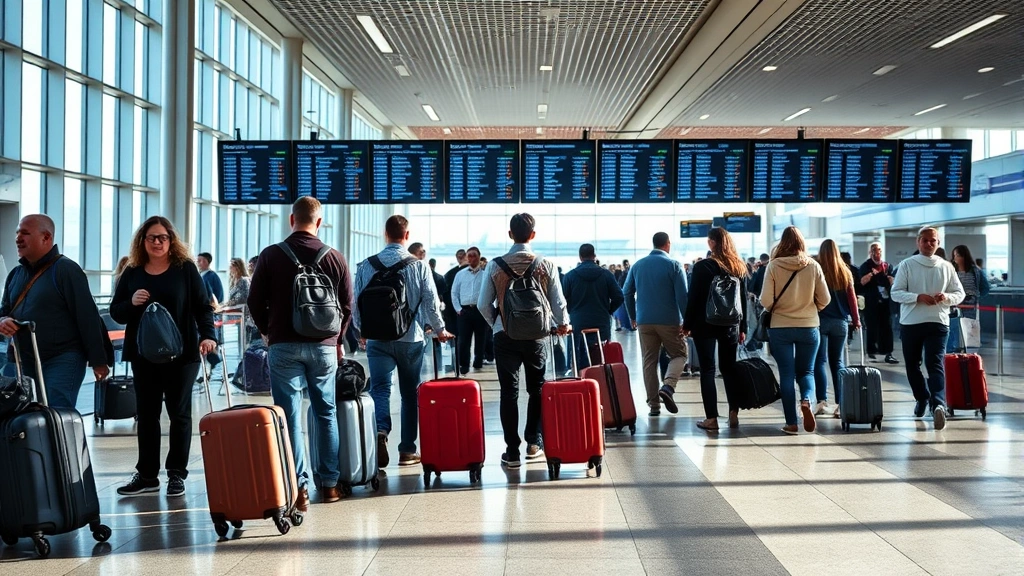 Travelers with luggage in modern airport terminal, checking flight information displays, natural window lighting, diverse group waiting for boarding