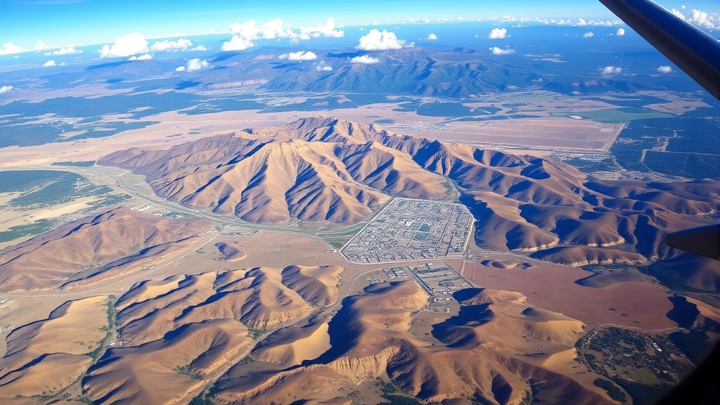Aerial view of Durango Colorado landscape showing high desert terrain, mountain ranges, roads, and surrounding natural scenery from aircraft window perspective