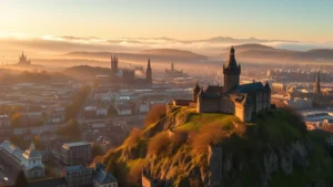 Aerial view of Edinburgh Castle and Old Town with misty Scottish highlands in background, morning light, photorealistic landscape photography