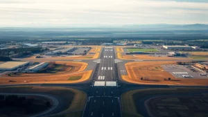 Aerial view of Eugene, Oregon airport runway with Willamette Valley landscape in background, professional photography style, daytime lighting, commercial aircraft visible