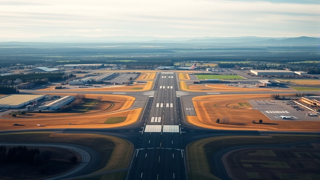 Aerial view of Eugene, Oregon airport runway with Willamette Valley landscape in background, professional photography style, daytime lighting, commercial aircraft visible