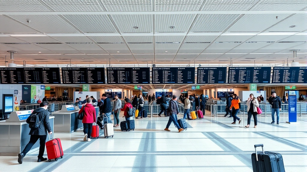 Busy airport terminal interior with modern check-in counters, departure boards displaying flight information, diverse travelers with luggage, bright contemporary airport design