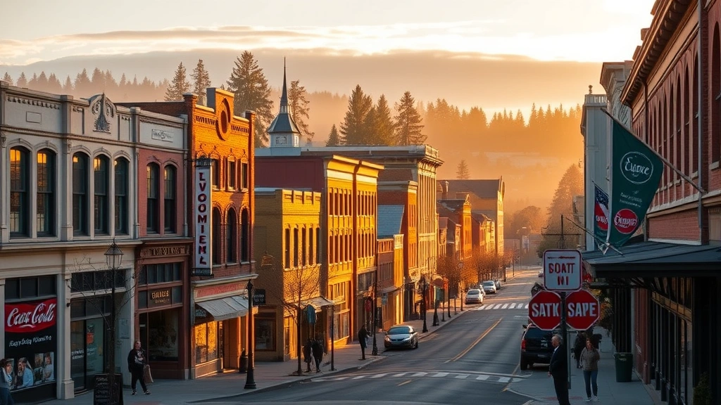 Scenic view of Eugene downtown with historic buildings and Willamette Street, vibrant street scene with local shops and cafes, Pacific Northwest architecture, golden hour lighting