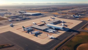 Aerial view of Fresno Yosemite International Airport terminal with passenger jets on tarmac, morning sunlight, California landscape