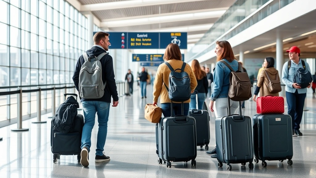 Travelers with luggage at airport departure curb, modern airport architecture, natural daylight, diverse group of passengers