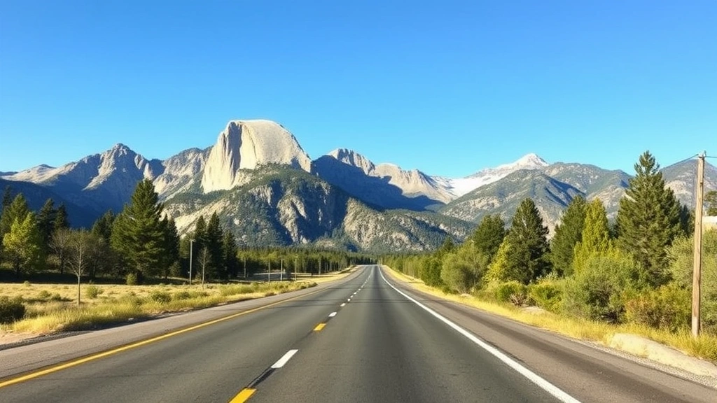 Scenic highway view showing road leading toward Yosemite mountain peaks, clear sunny day, California wilderness landscape