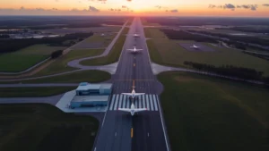 Aerial view of Gainesville Regional Airport runway at sunrise with small regional aircraft parked at gates, Florida landscape with green fields visible
