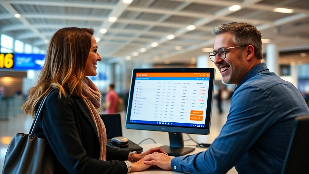 Travel agent at computer showing flight booking screen to smiling customer in modern airport terminal, displaying price comparison charts and calendar