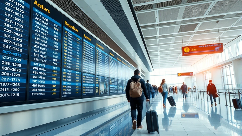 Wide shot of modern airport departure board with flight information, travelers with luggage walking through bright terminal corridor