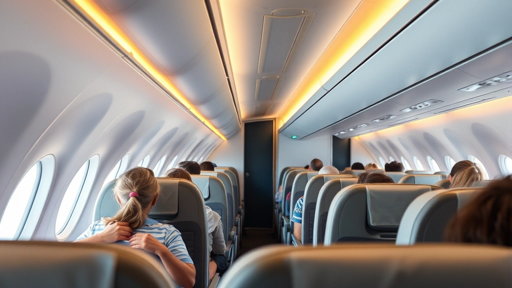 Modern aircraft cabin interior with passengers relaxing during transatlantic flight to Greece, comfortable seating and warm cabin lighting, no visible text or signage