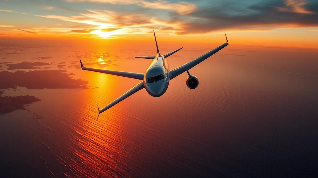 Aerial view of commercial jet flying over Mediterranean Sea during sunset with golden light reflecting off water, photorealistic aviation perspective