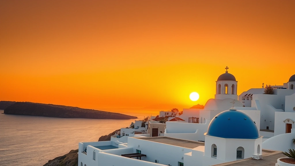 Iconic Greek island sunset with white-washed buildings and blue-domed church overlooking Mediterranean coastline, golden hour lighting, crystal clear water below