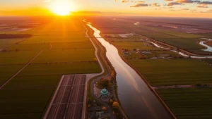 Aerial view of Rio Grande Valley landscape with agricultural fields and waterways stretching toward horizon at sunrise, vibrant green and golden tones, photorealistic landscape photography