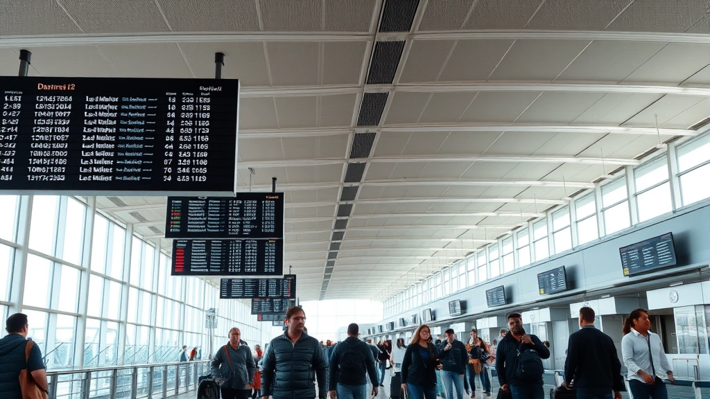 Modern airport terminal interior with departure boards, travelers with luggage, natural light from windows, contemporary architecture, busy but organized atmosphere, professional travel photography