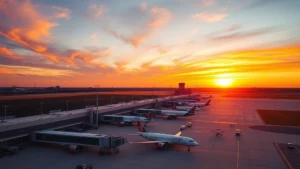 Aerial view of Dallas-Fort Worth International Airport at sunset with aircraft parked at gates, modern terminal buildings visible, vibrant orange and purple sky reflecting on tarmac