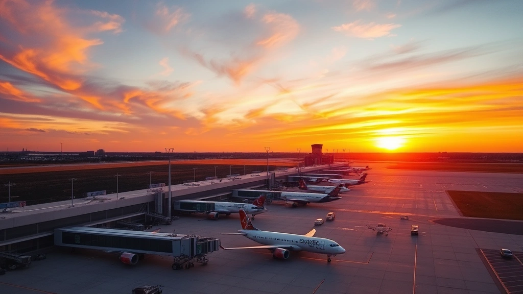 Aerial view of Dallas-Fort Worth International Airport at sunset with aircraft parked at gates, modern terminal buildings visible, vibrant orange and purple sky reflecting on tarmac