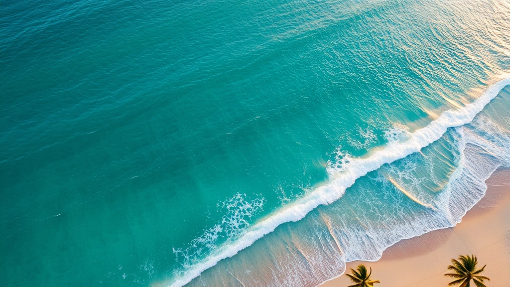 Turquoise Hawaiian ocean waves with white sand beach and palm trees, aerial perspective showing gradient from deep blue to shallow turquoise water, golden sunlight