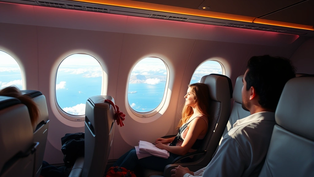 Modern airplane cabin interior with passengers in seats during flight over ocean, window showing clouds and distant islands below, warm cabin lighting, comfortable seating arrangement