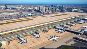 Aerial view of Chicago O'Hare International Airport with multiple aircraft parked at gates, city skyline visible in background, daytime photography, professional aviation perspective
