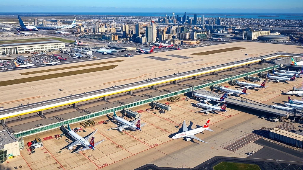 Aerial view of Chicago O'Hare International Airport with multiple aircraft parked at gates, city skyline visible in background, daytime photography, professional aviation perspective