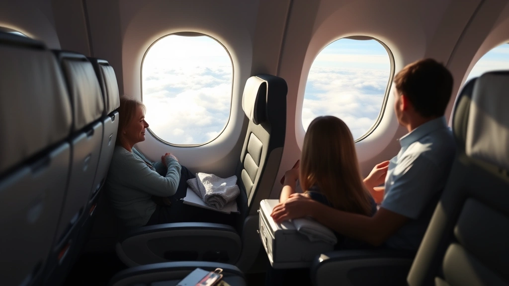 Modern airplane cabin interior showing comfortable seating, large window view of clouds during flight, natural daylight streaming through windows, travelers relaxing during flight