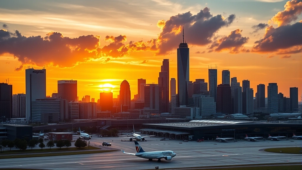 Houston skyline featuring downtown skyscrapers and George Bush Intercontinental Airport with aircraft on tarmac, sunset lighting, urban landscape photography