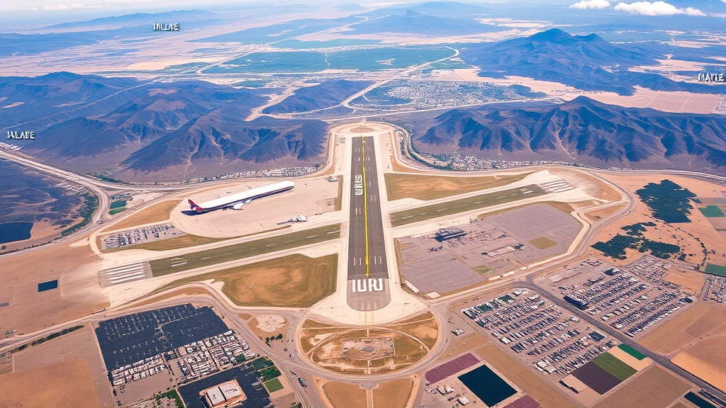 Aerial view of Idaho Falls Regional Airport with mountains and landscape visible, bright daylight, professional aviation photography