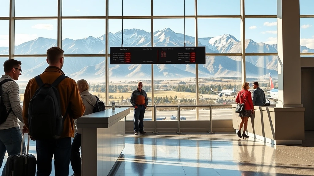 Passengers checking in at modern airport counter with Idaho Falls mountain scenery visible through windows, natural lighting, realistic travel scene