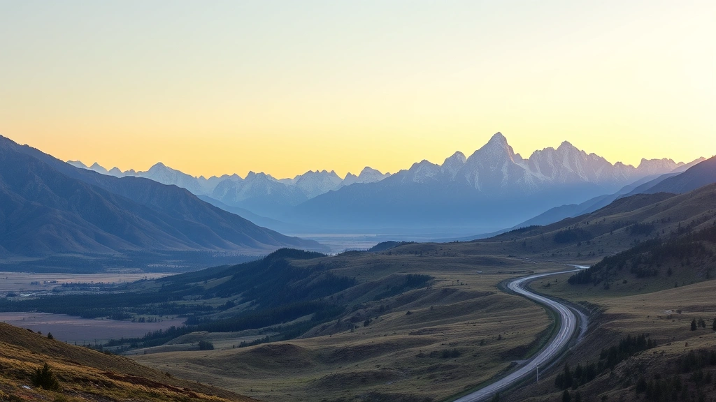 Scenic mountain landscape view of Idaho and Wyoming border area with winding highway, Teton peaks in distance, sunset lighting