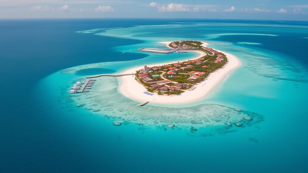 Aerial view of Isla Mujeres turquoise waters and white sandy beach with Caribbean resort buildings, clear sunny day, tropical paradise landscape