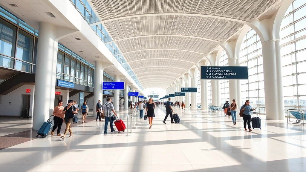 Cancun International Airport terminal interior with modern architecture, travelers with luggage, bright natural lighting, busy international airport hub